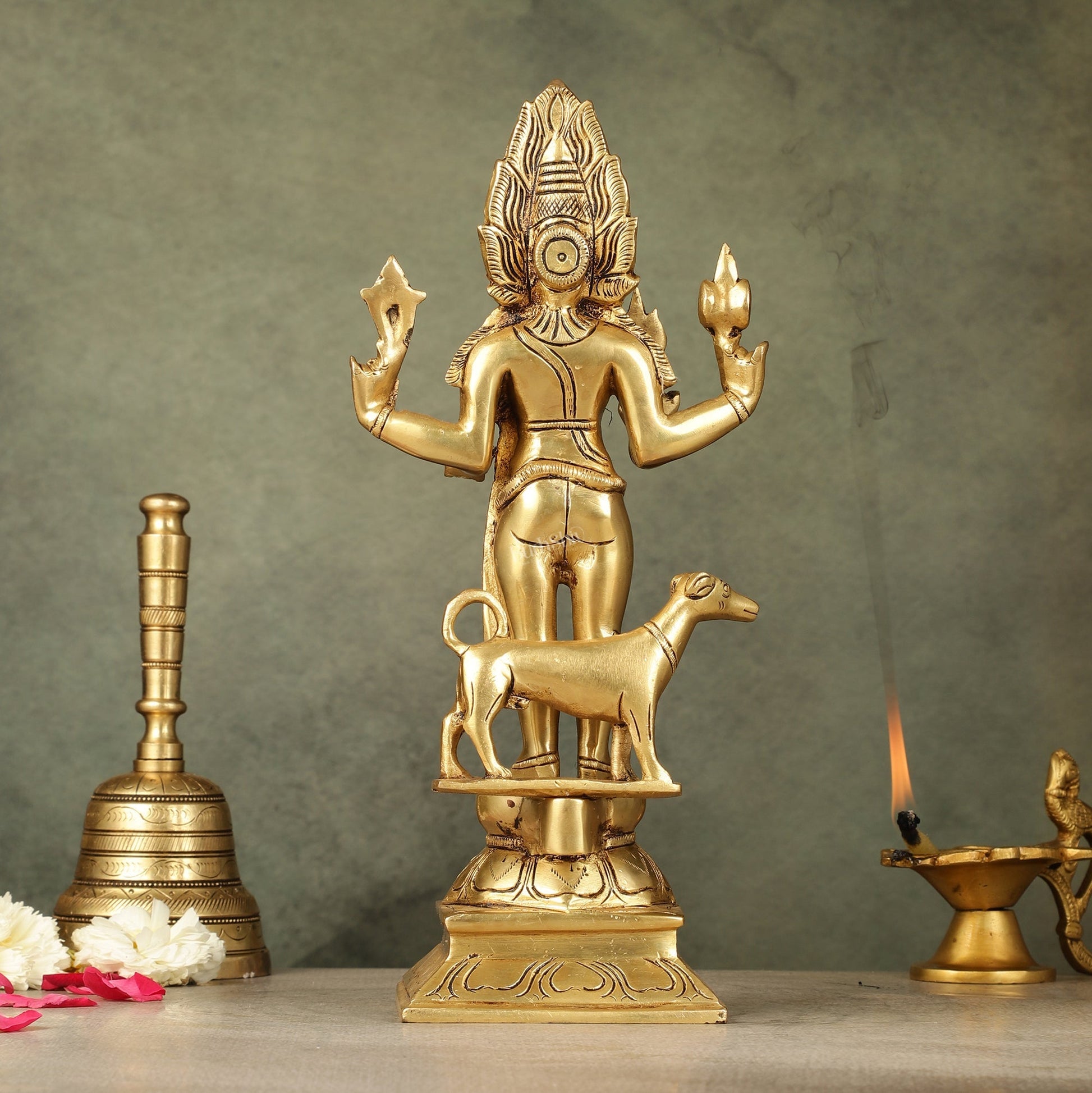 Superfine Brass Kaal Bhairava Bhairo Baba Idol with Dog 12 inch