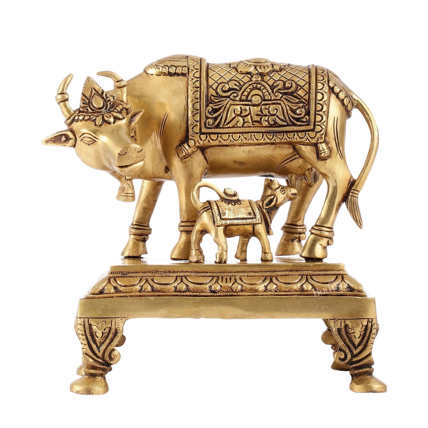 Superfine Brass Kamdhenu Cow with Calf Idol | Divine Beauty | 8"