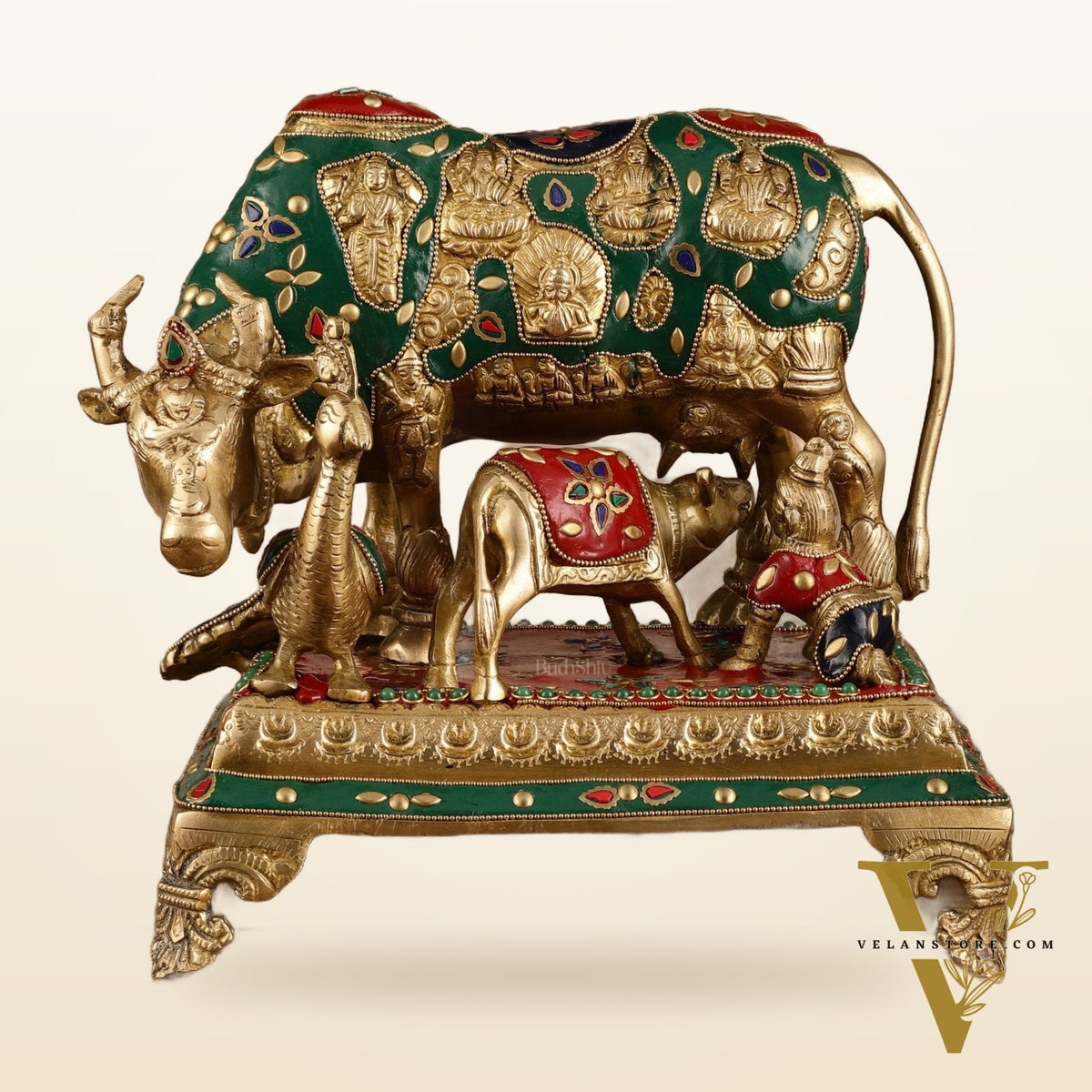 Superfine Brass Kaamdhenu Statue with Hindu Deities and Meenakari Stonework | 10x10x7 Inch