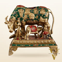 Superfine Brass Kaamdhenu Statue with Hindu Deities and Meenakari Stonework | 10x10x7 Inch