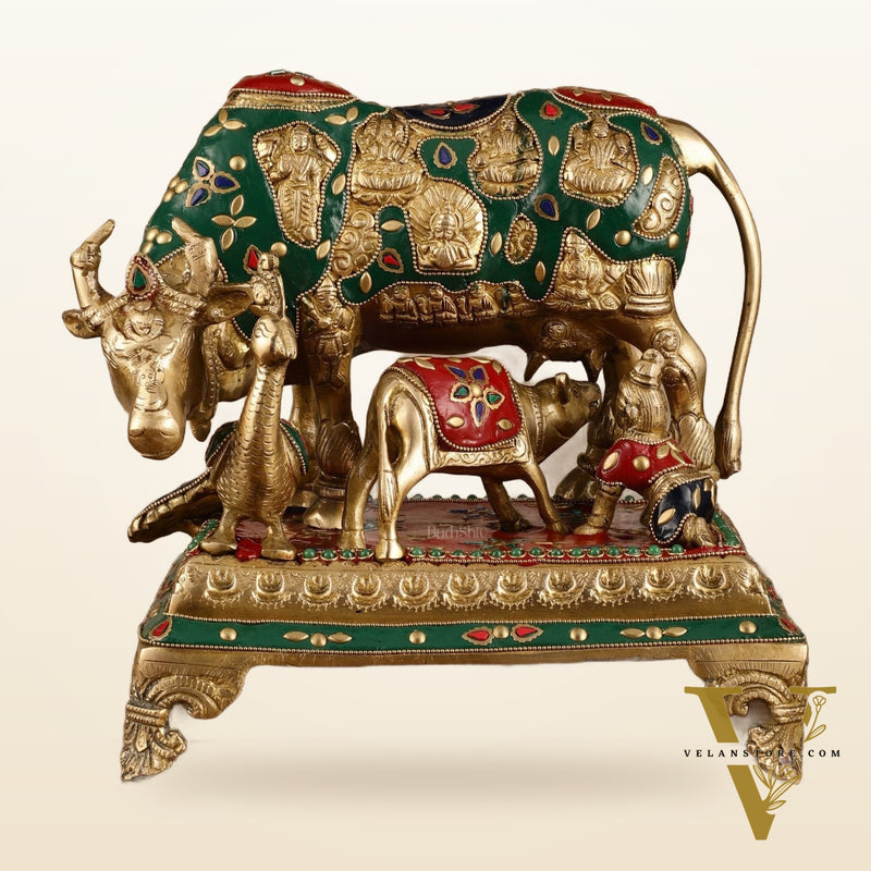 Superfine Brass Kaamdhenu Statue with Hindu Deities and Meenakari Stonework | 10x10x7 Inch