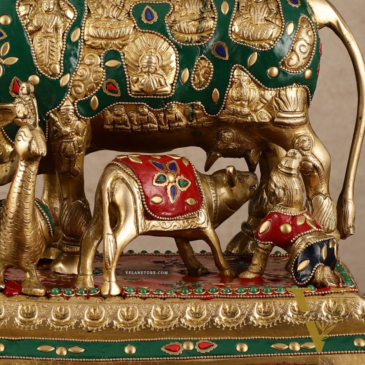 Superfine Brass Kaamdhenu Statue with Hindu Deities and Meenakari Stonework | 10x10x7 Inch