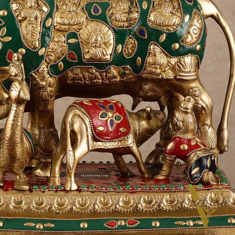 Superfine Brass Kaamdhenu Statue with Hindu Deities and Meenakari Stonework | 10x10x7 Inch
