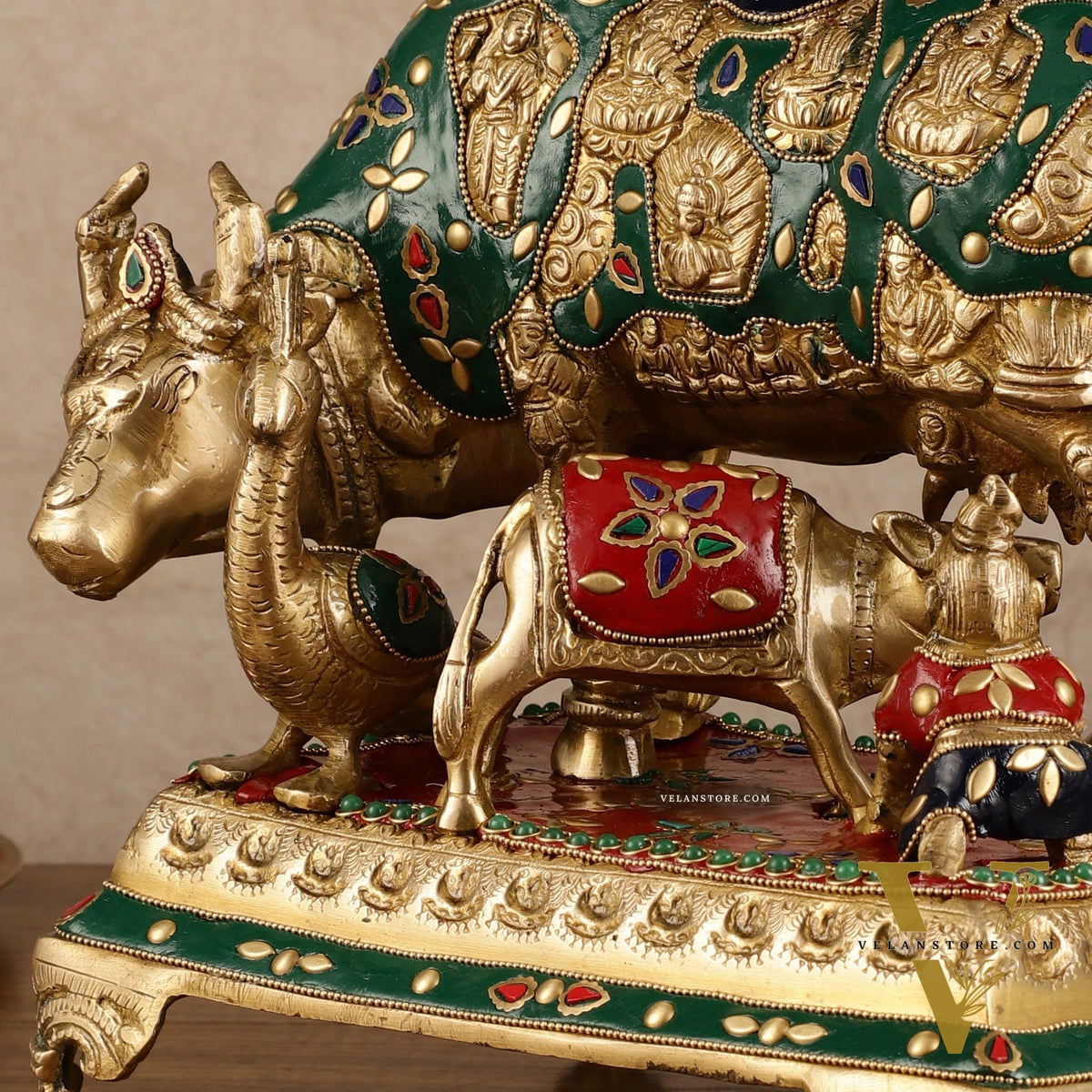 Superfine Brass Kaamdhenu Statue with Hindu Deities and Meenakari Stonework | 10x10x7 Inch