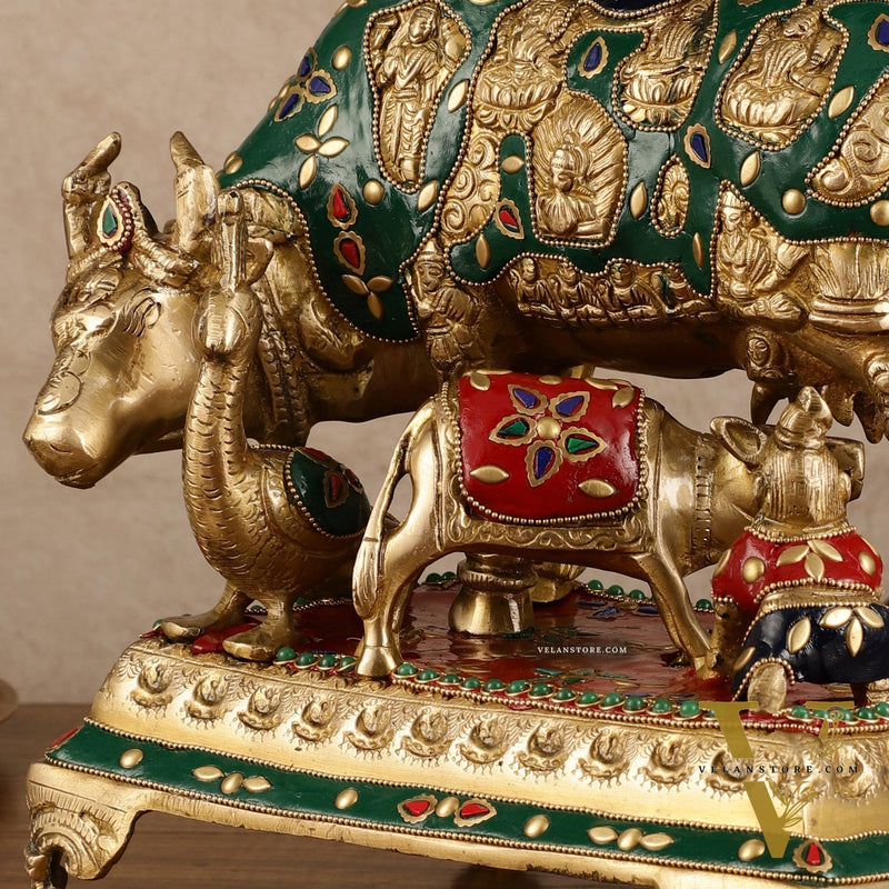 Superfine Brass Kaamdhenu Statue with Hindu Deities and Meenakari Stonework | 10x10x7 Inch
