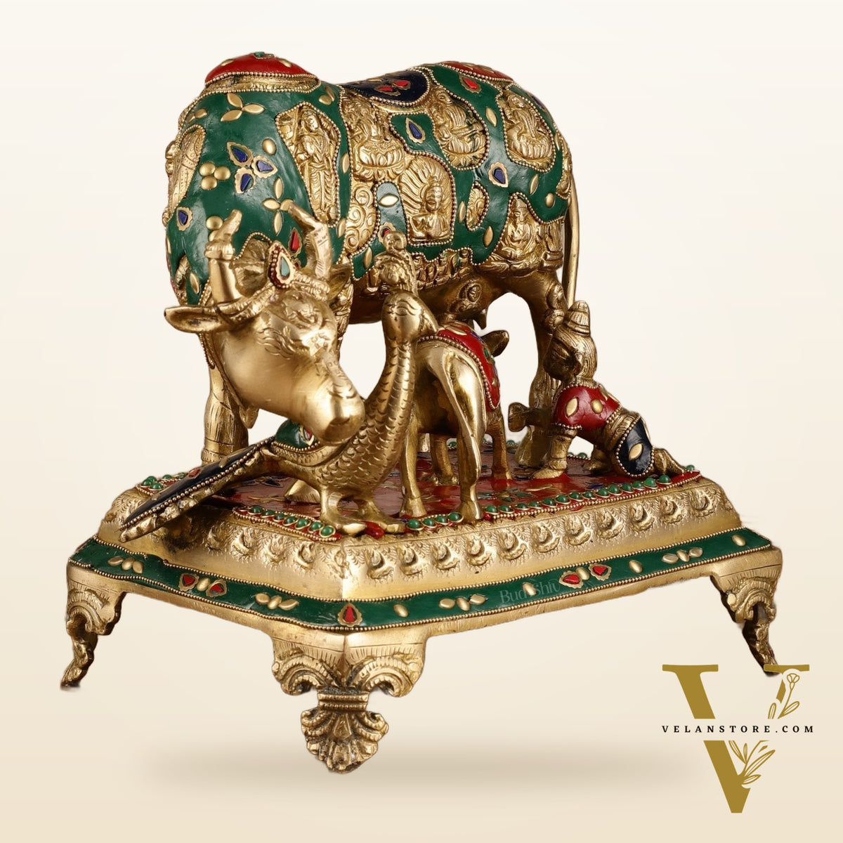 Superfine Brass Kaamdhenu Statue with Hindu Deities and Meenakari Stonework | 10x10x7 Inch