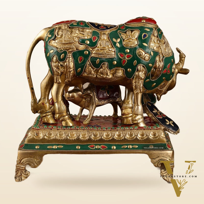 Superfine Brass Kaamdhenu Statue with Hindu Deities and Meenakari Stonework | 10x10x7 Inch