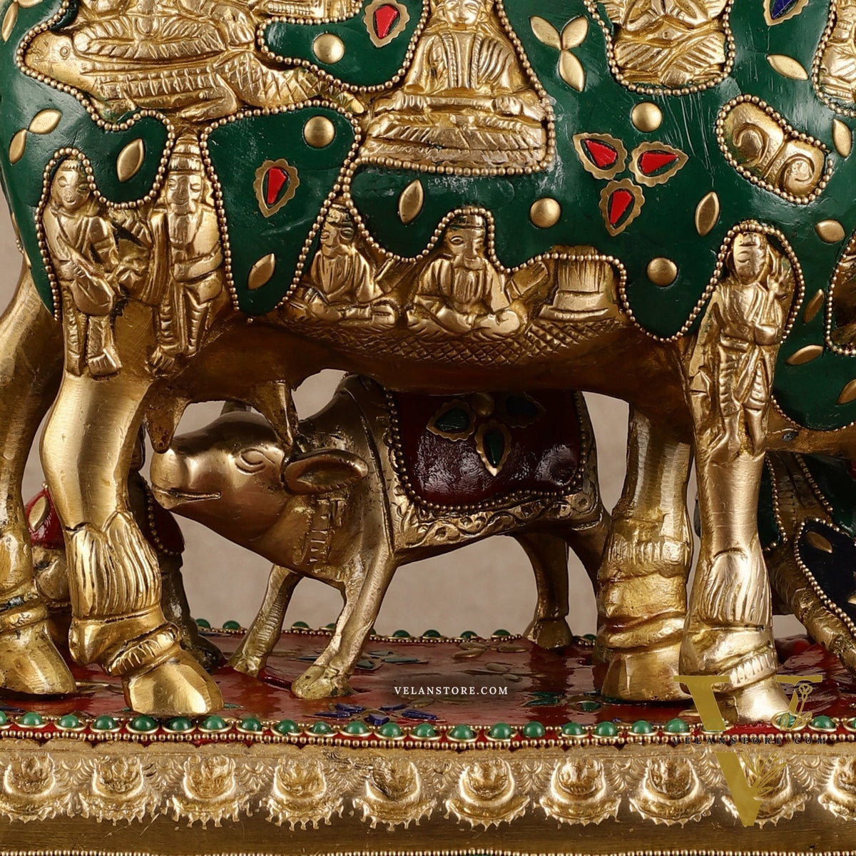Superfine Brass Kaamdhenu Statue with Hindu Deities and Meenakari Stonework | 10x10x7 Inch