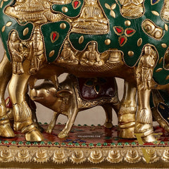 Superfine Brass Kaamdhenu Statue with Hindu Deities and Meenakari Stonework | 10x10x7 Inch