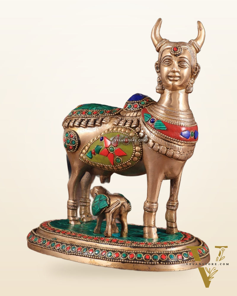 Superfine Brass Kamadhenu Cow with Calf Idol | Height 8.5 inch with stonework