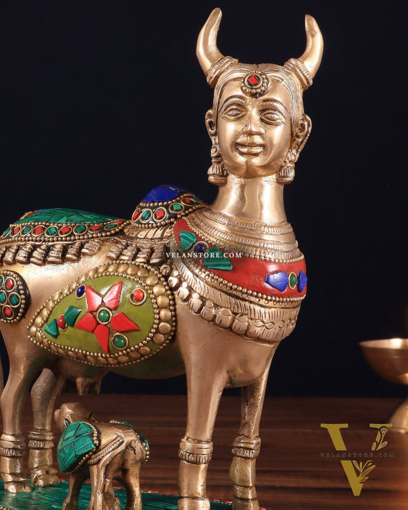 Superfine Brass Kamadhenu Cow with Calf Idol | Height 8.5 inch with stonework