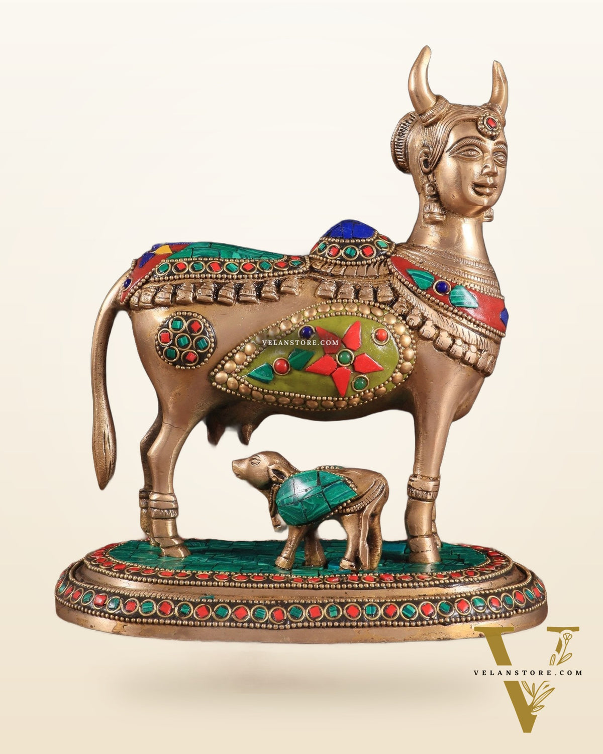 Superfine Brass Kamadhenu Cow with Calf Idol | Height 8.5 inch with stonework