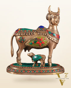 Superfine Brass Kamadhenu Cow with Calf Idol | Height 8.5 inch with stonework