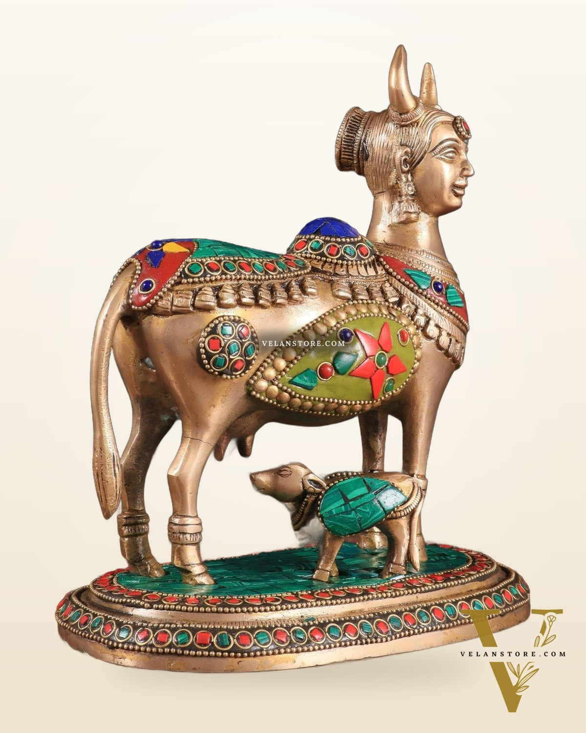 Superfine Brass Kamadhenu Cow with Calf Idol | Height 8.5 inch with stonework