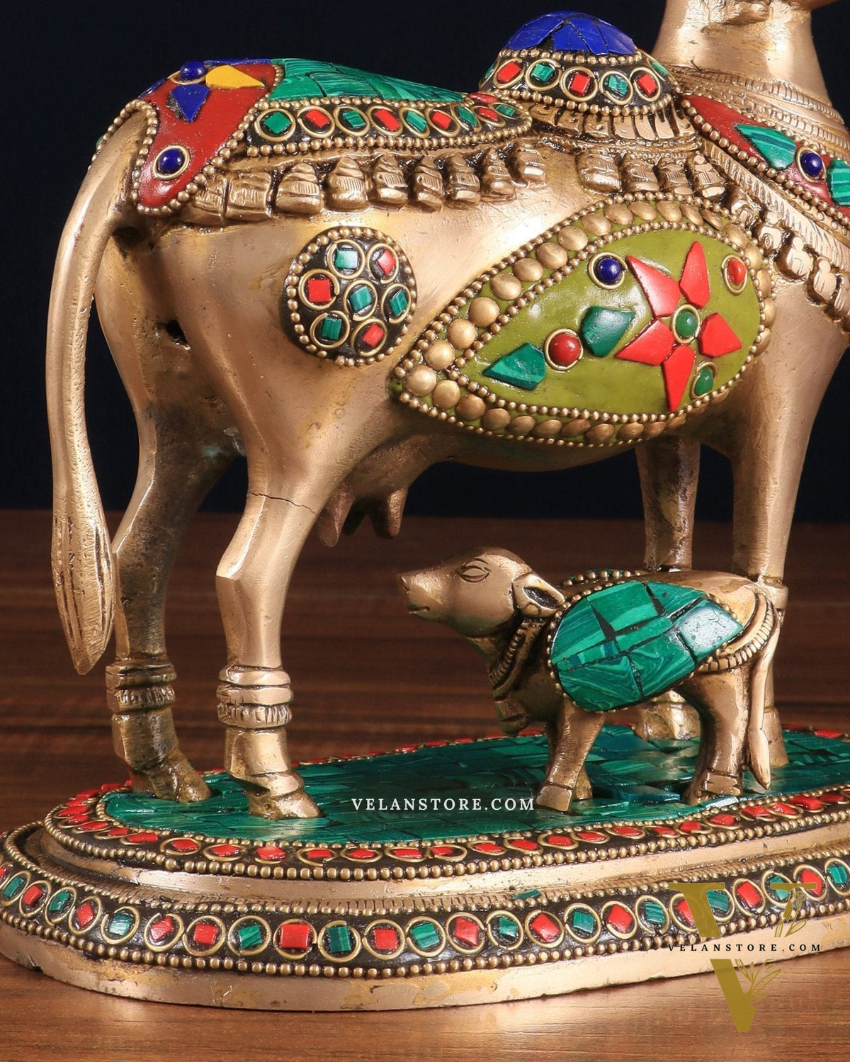 Superfine Brass Kamadhenu Cow with Calf Idol | Height 8.5 inch with stonework