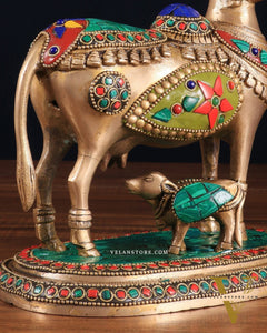 Superfine Brass Kamadhenu Cow with Calf Idol | Height 8.5 inch with stonework