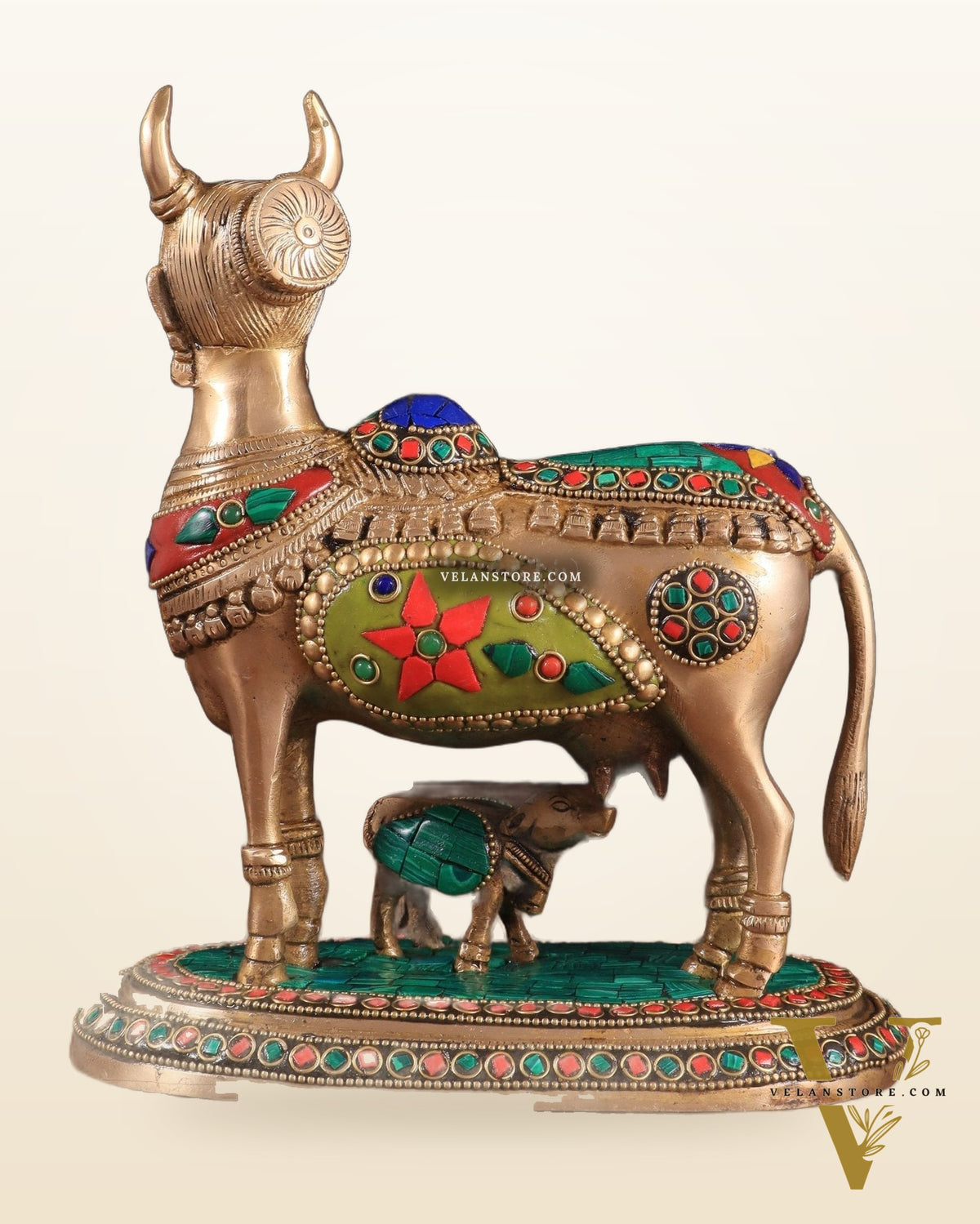 Superfine Brass Kamadhenu Cow with Calf Idol | Height 8.5 inch with stonework