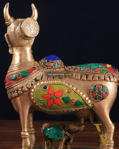 Superfine Brass Kamadhenu Cow with Calf Idol | Height 8.5 inch with stonework