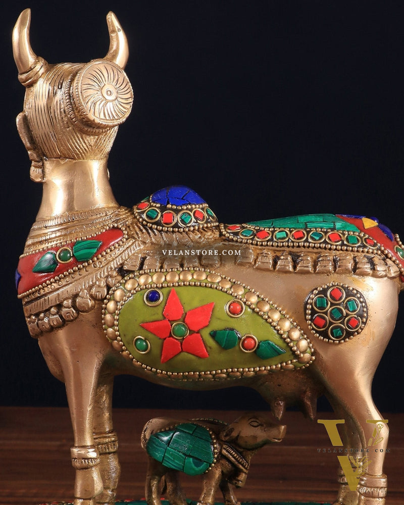 Superfine Brass Kamadhenu Cow with Calf Idol | Height 8.5 inch with stonework
