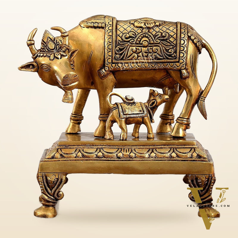 Superfine Brass Kamdhenu Cow with Calf Idol | Divine Beauty | 8"