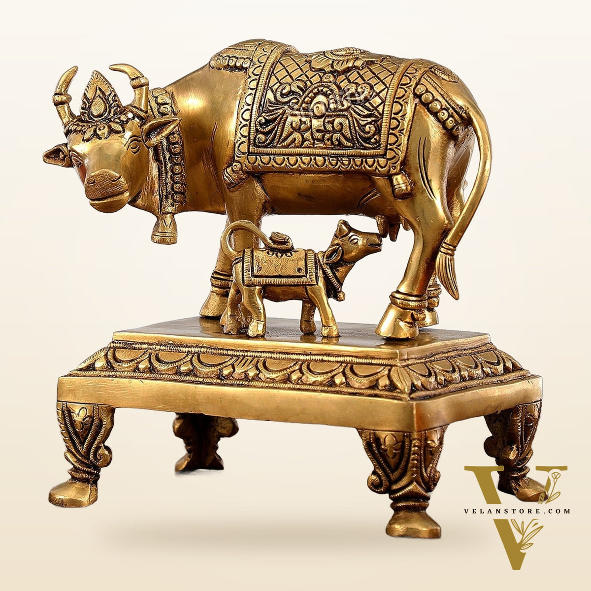 Superfine Brass Kamdhenu Cow with Calf Idol | Divine Beauty | 8"