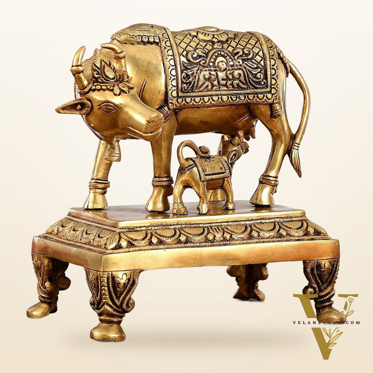 Superfine Brass Kamdhenu Cow with Calf Idol | Divine Beauty | 8"