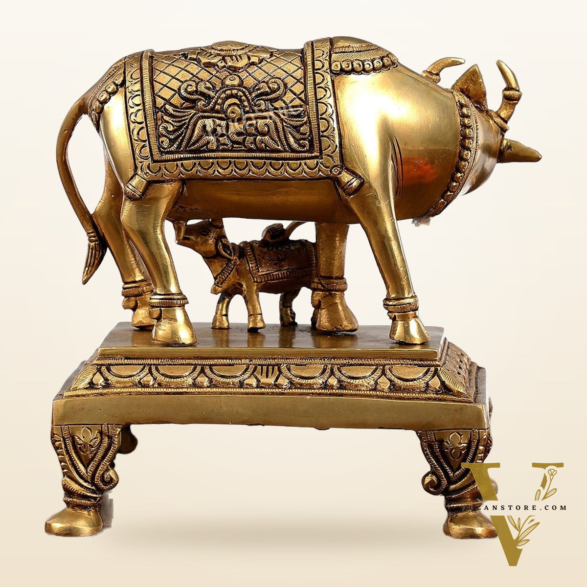 Superfine Brass Kamdhenu Cow with Calf Idol | Divine Beauty | 8"