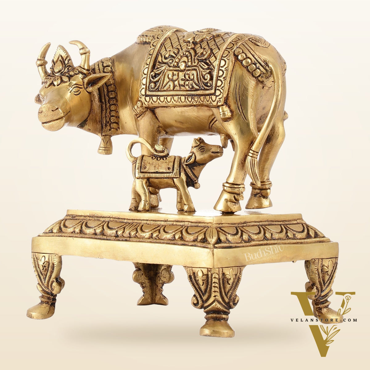Superfine Brass Kamdhenu Cow with Calf Idol | Divine Beauty | 8"