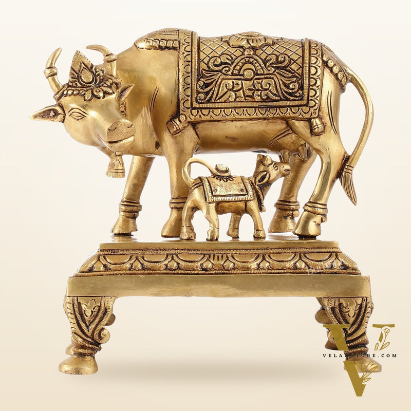 Superfine Brass Kamdhenu Cow with Calf Idol | Divine Beauty | 8"