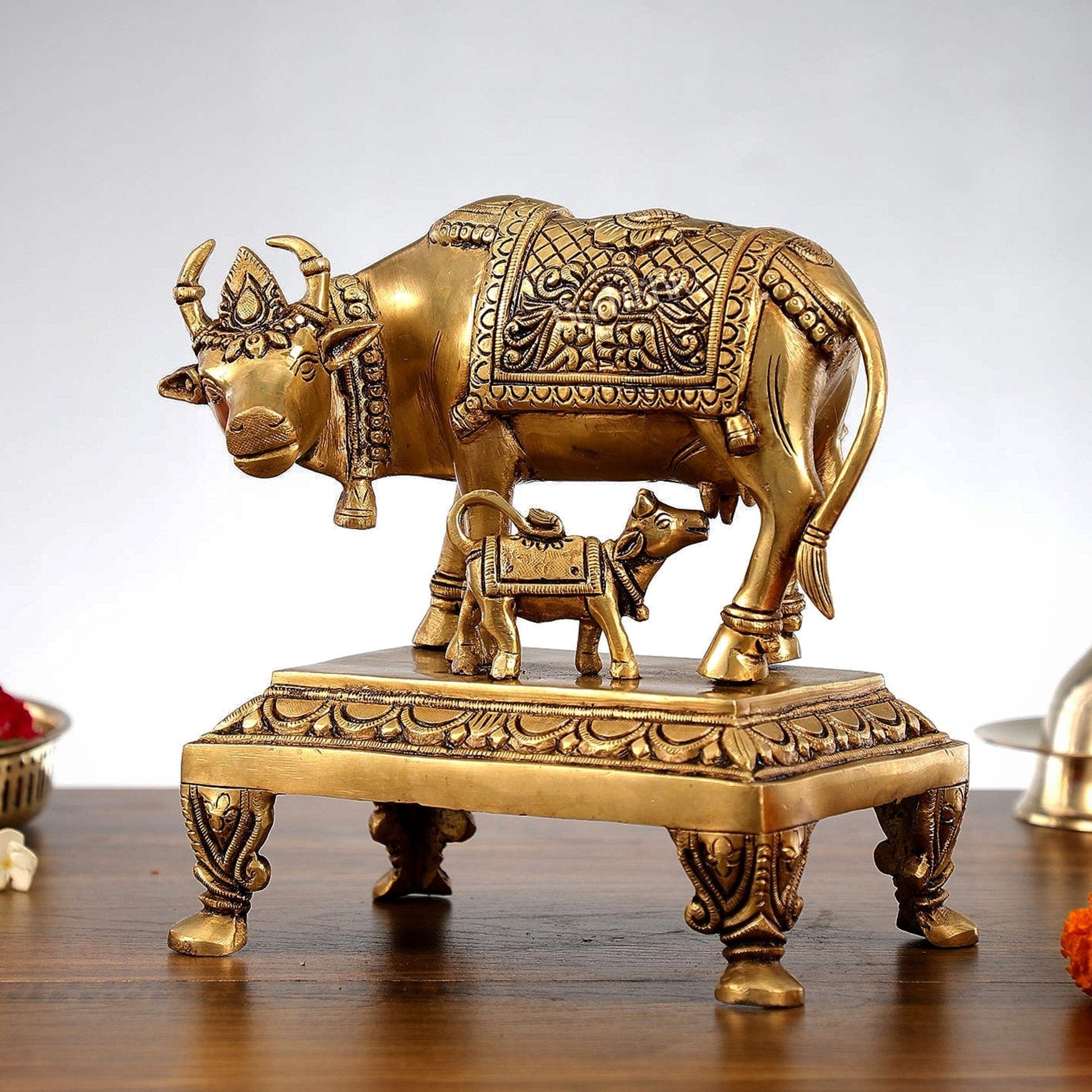 Superfine Brass Kamdhenu Cow with Calf Idol | Divine Beauty | 8"
