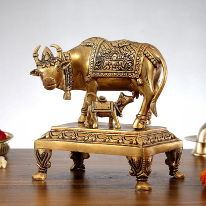 Superfine Brass Kamdhenu Cow with Calf Idol | Divine Beauty | 8"