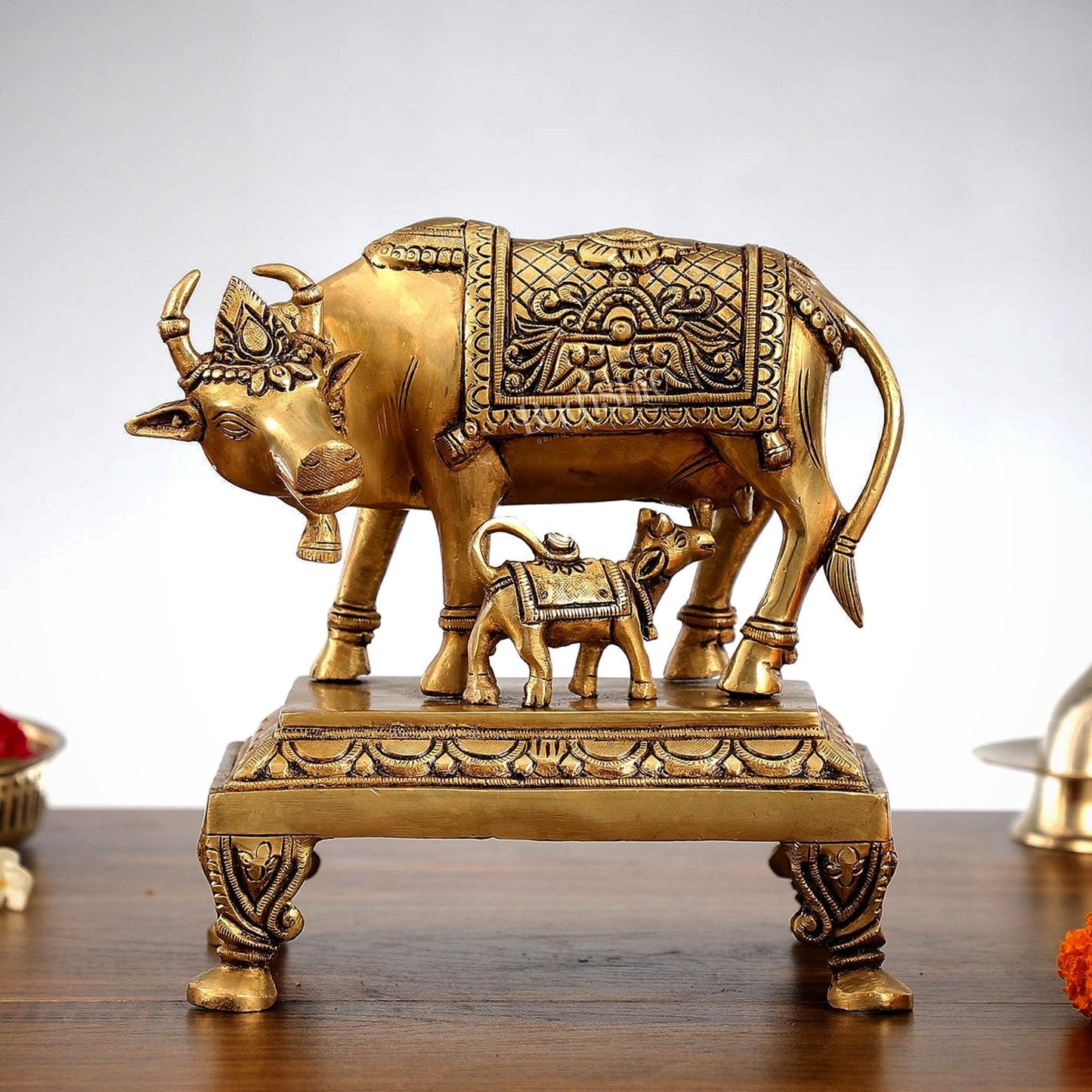 Superfine Brass Kamdhenu Cow with Calf Idol | Divine Beauty | 8"