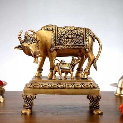 Superfine Brass Kamdhenu Cow with Calf Idol | Divine Beauty | 8"