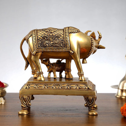 Superfine Brass Kamdhenu Cow with Calf Idol | Divine Beauty | 8"