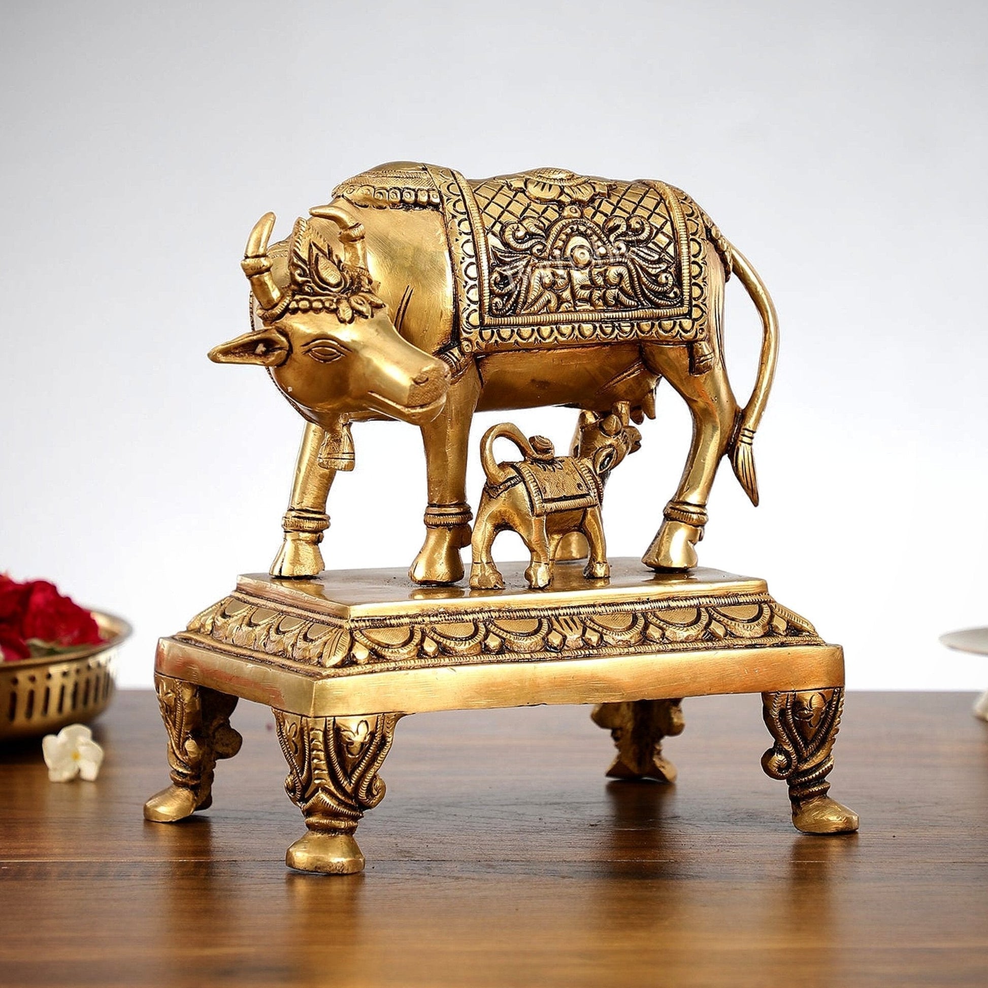 Superfine Brass Kamdhenu Cow with Calf Idol | Divine Beauty | 8"