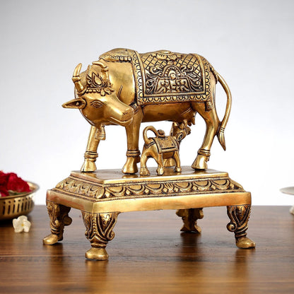 Superfine Brass Kamdhenu Cow with Calf Idol | Divine Beauty | 8"