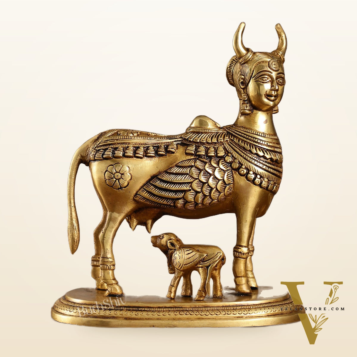 Superfine Brass Kamdhenu Cow with Calf Idol | Height 8.5 inch