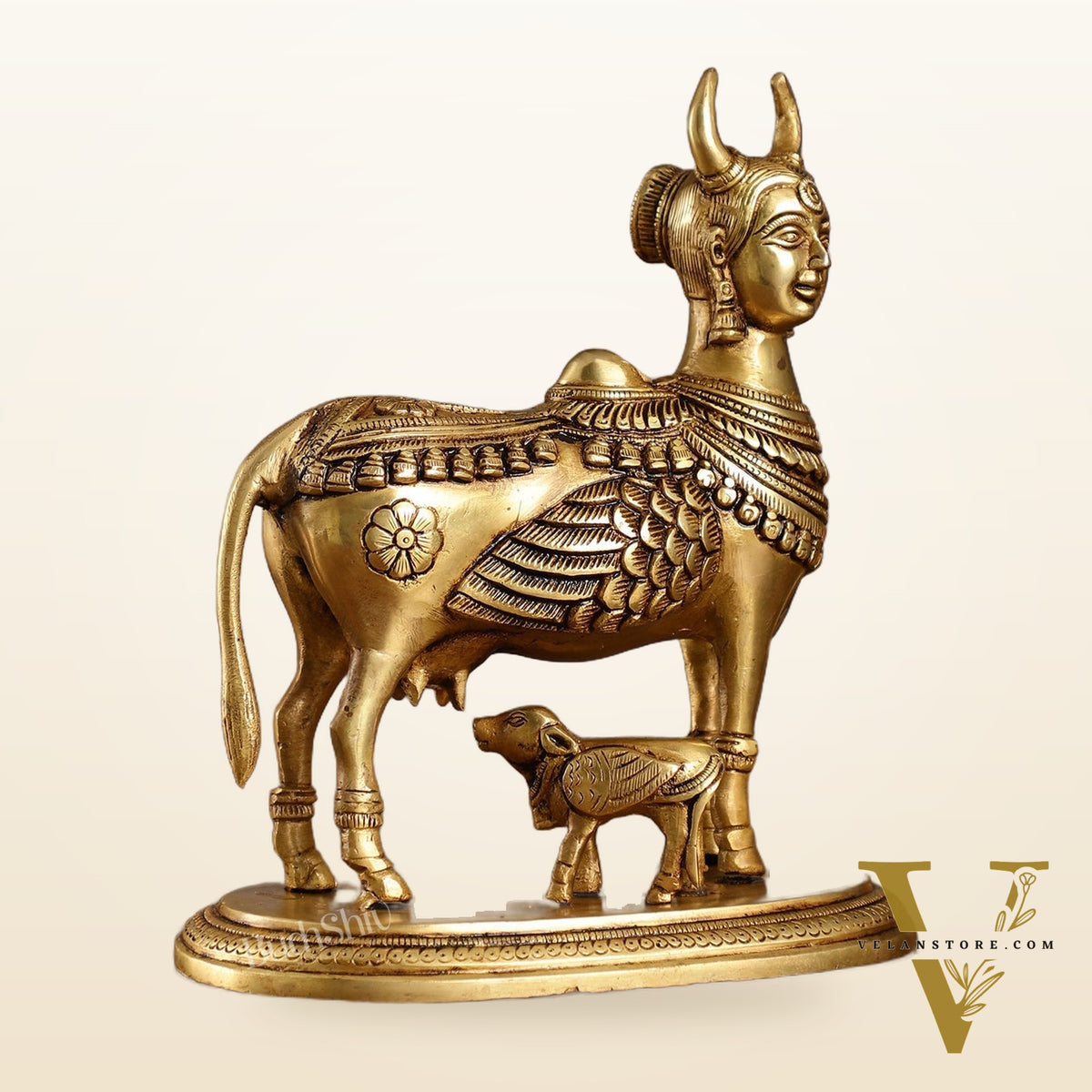 Superfine Brass Kamdhenu Cow with Calf Idol | Height 8.5 inch