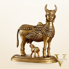 Superfine Brass Kamdhenu Cow with Calf Idol | Height 8.5 inch