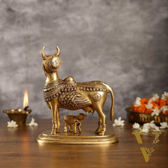 Superfine Brass Kamdhenu Cow with Calf Idol | Height 8.5 inch