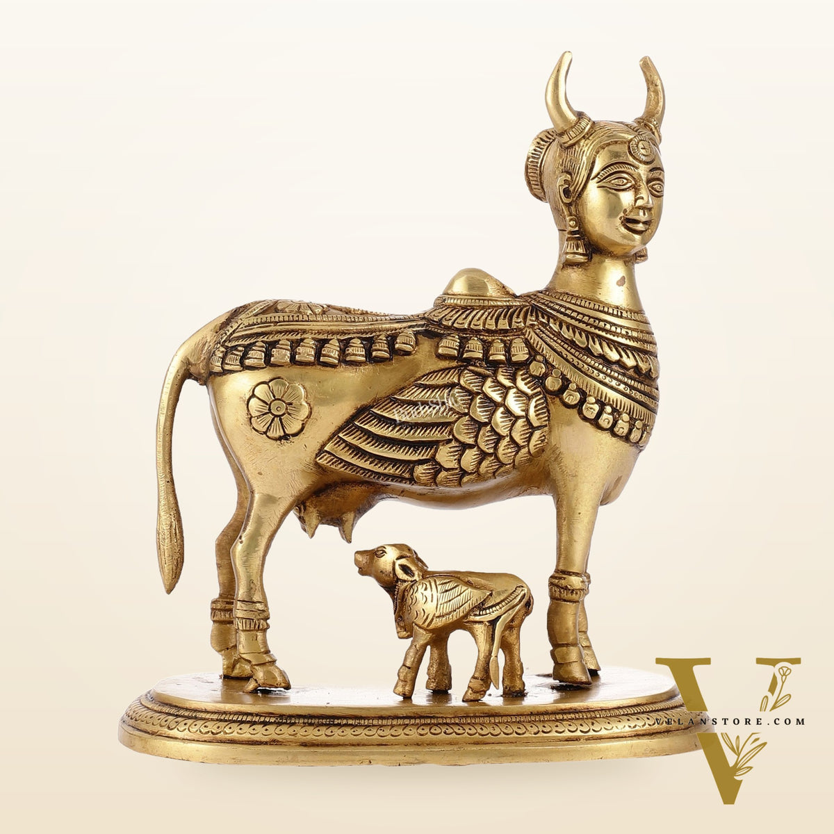 Superfine Brass Kamdhenu Cow with Calf Idol | Height 8.5 inch