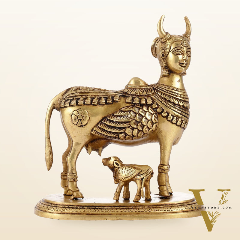 Superfine Brass Kamdhenu Cow with Calf Idol | Height 8.5 inch
