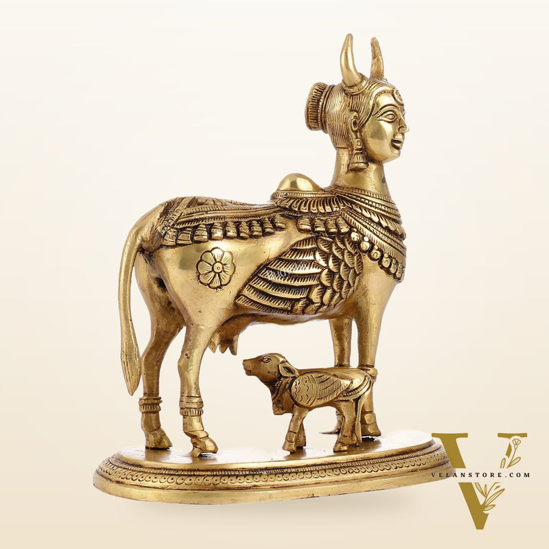 Superfine Brass Kamdhenu Cow with Calf Idol | Height 8.5 inch