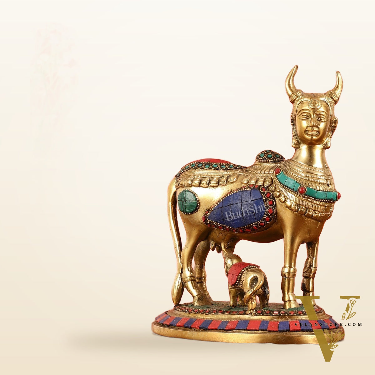 Superfine Brass Kamdhenu Cow with Calf Idol | Height 8.5 inch