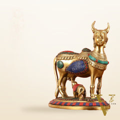 Superfine Brass Kamdhenu Cow with Calf Idol | Height 8.5 inch