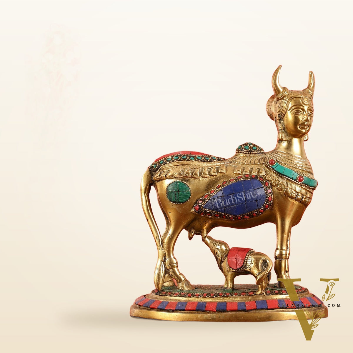 Superfine Brass Kamdhenu Cow with Calf Idol | Height 8.5 inch