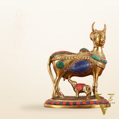 Superfine Brass Kamdhenu Cow with Calf Idol | Height 8.5 inch