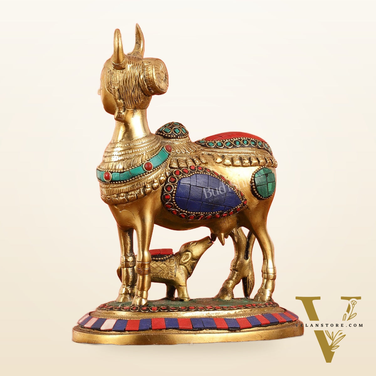 Superfine Brass Kamdhenu Cow with Calf Idol | Height 8.5 inch