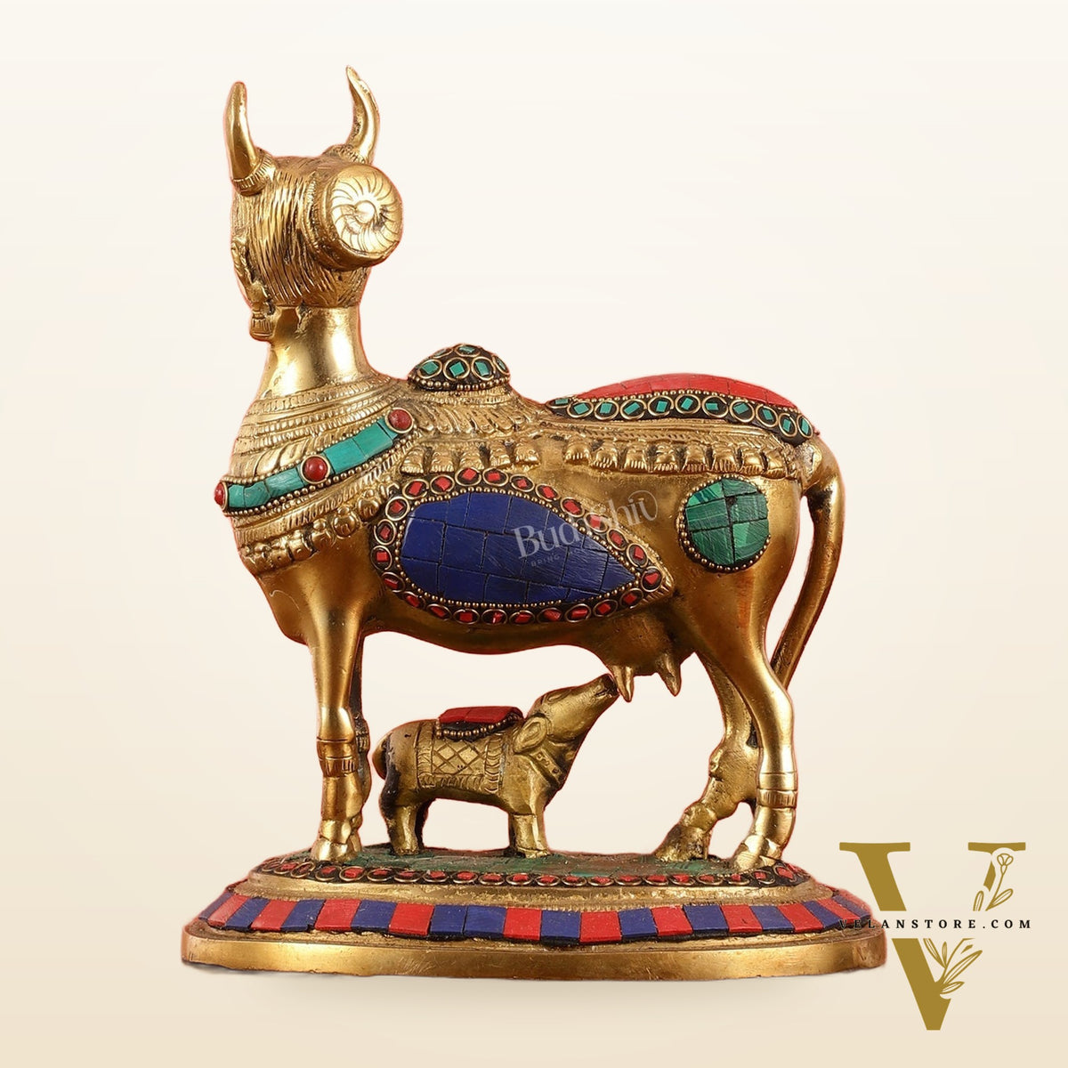 Superfine Brass Kamdhenu Cow with Calf Idol | Height 8.5 inch