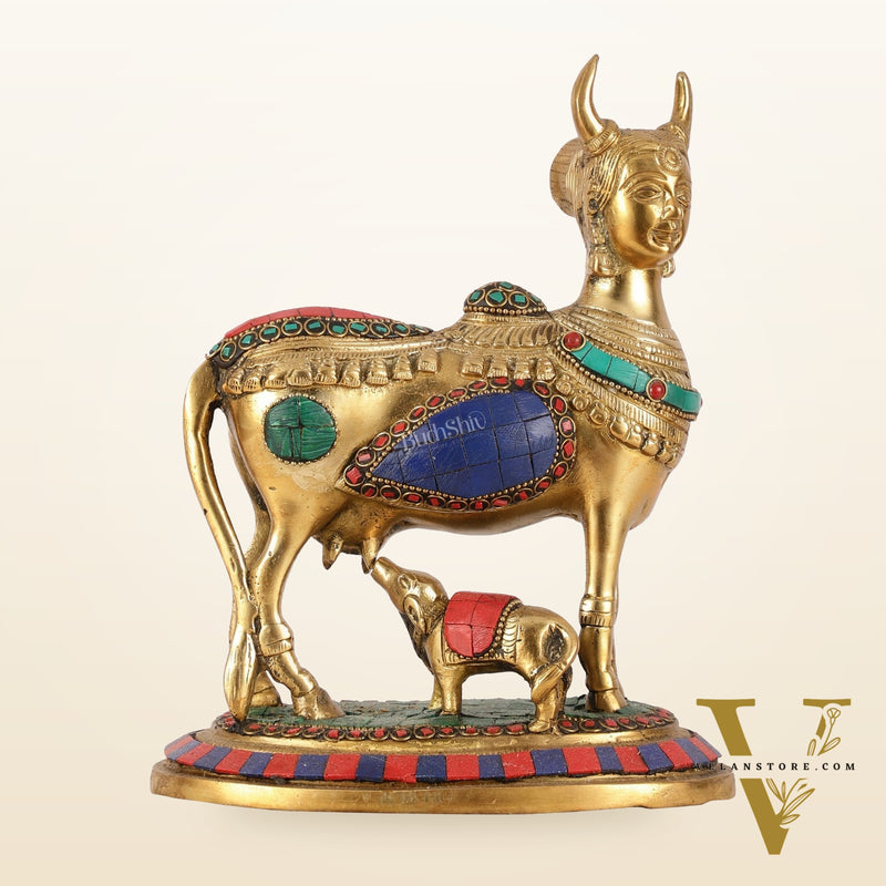 Superfine Brass Kamdhenu Cow with Calf Idol | Height 8.5 inch